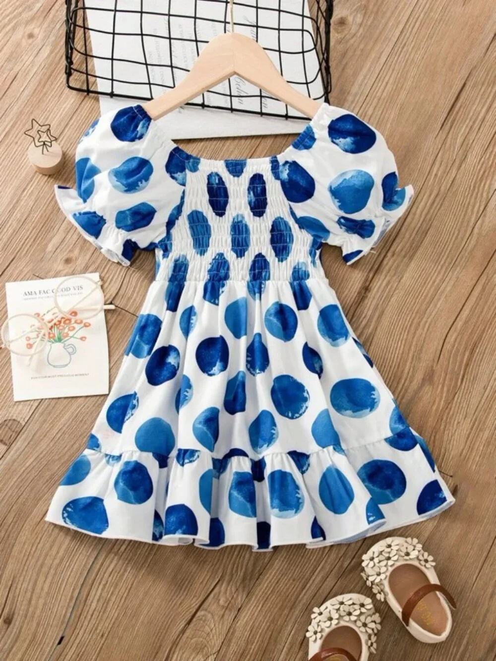 SHEIN Polka Dot Puff Sleeve Ruched Ruffle Hem Dress 5/6